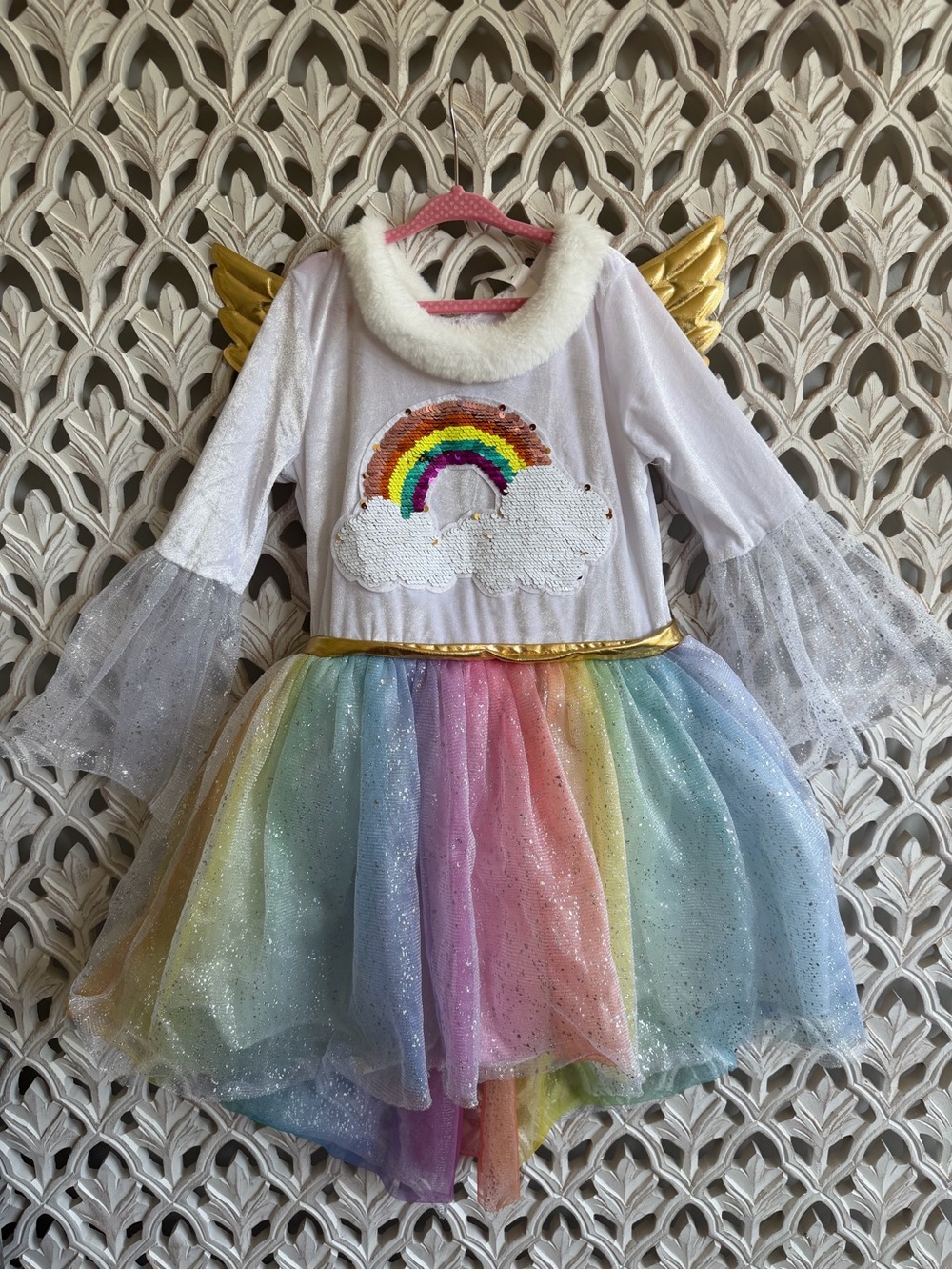 Girls Rainbow Angel Costume Size Small Gold Wings Sequin Tulle Dress
